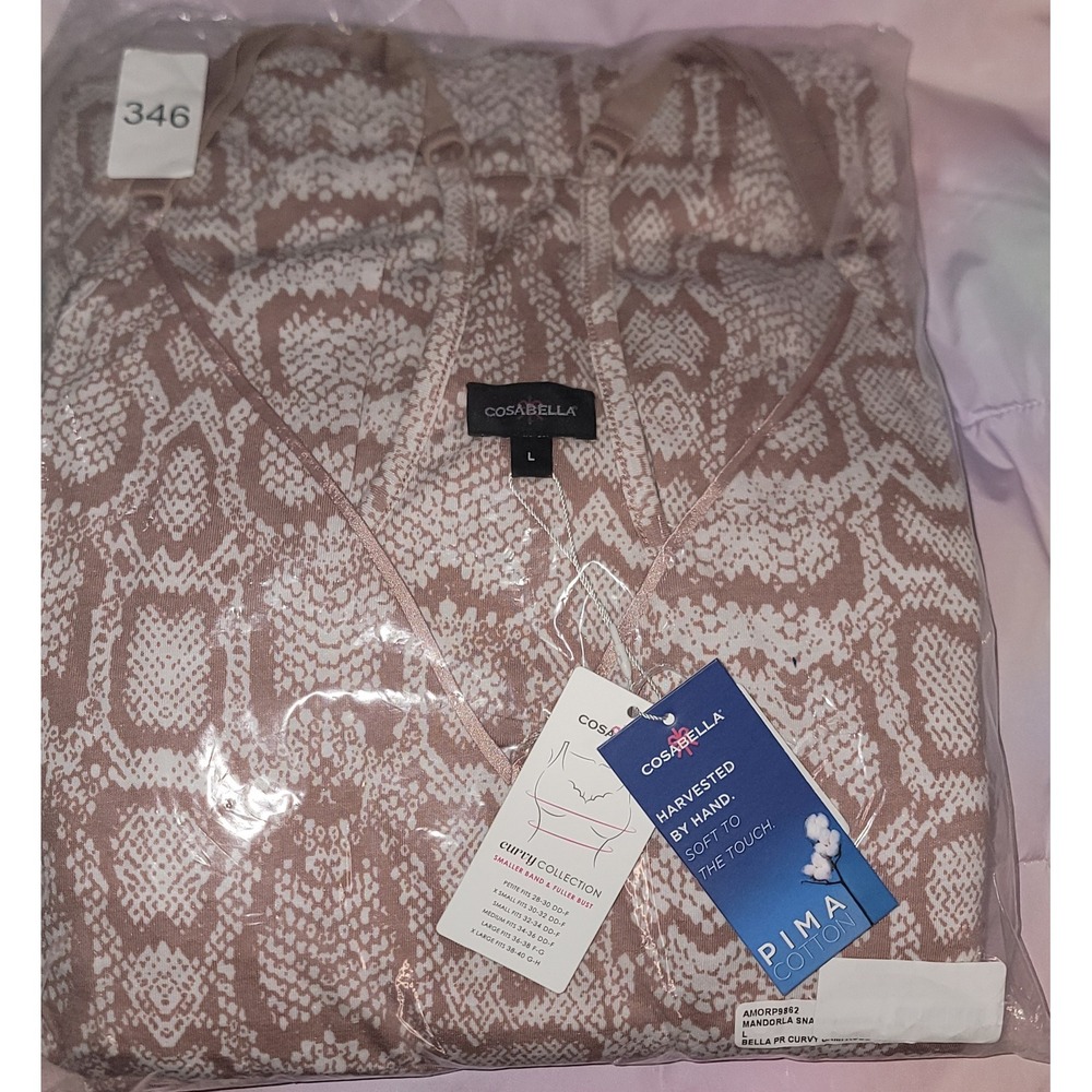 Cosabella Bella Curvy 3 Piece Pajama Set Pima Cotton Snake Print Mandorla L NEW - Picture 7 of 7